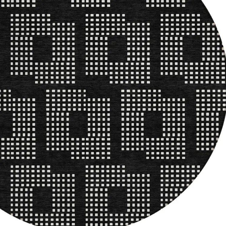8' Black And Ivory Round Geometric Washable Indoor Outdoor Area Rug