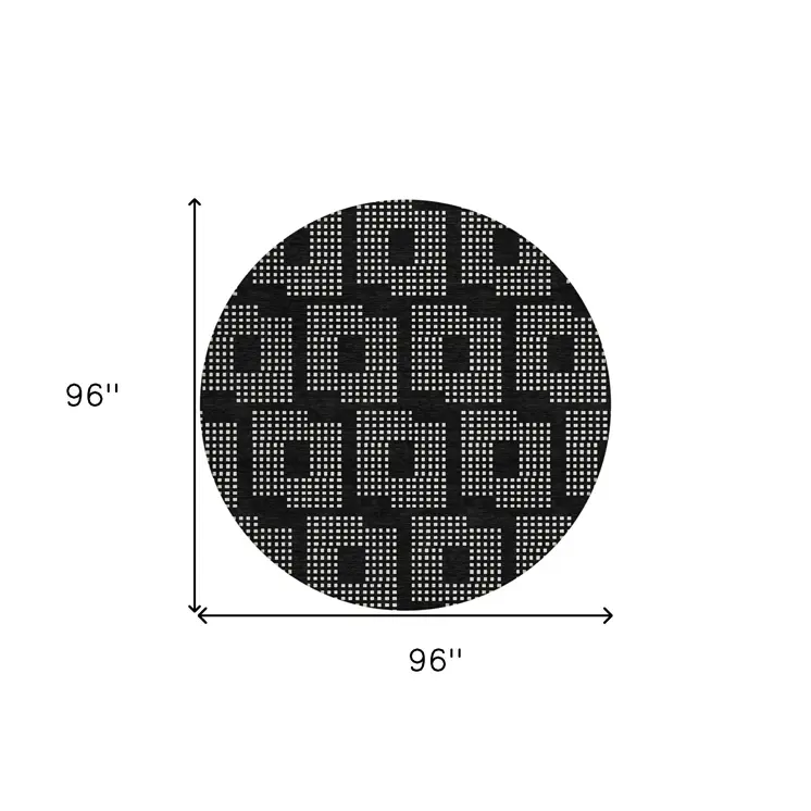 8' Black And Ivory Round Geometric Washable Indoor Outdoor Area Rug