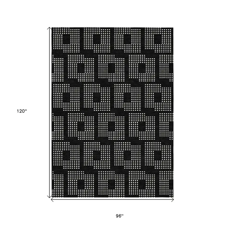8' X 10' Black And Ivory Geometric Washable Indoor Outdoor Area Rug