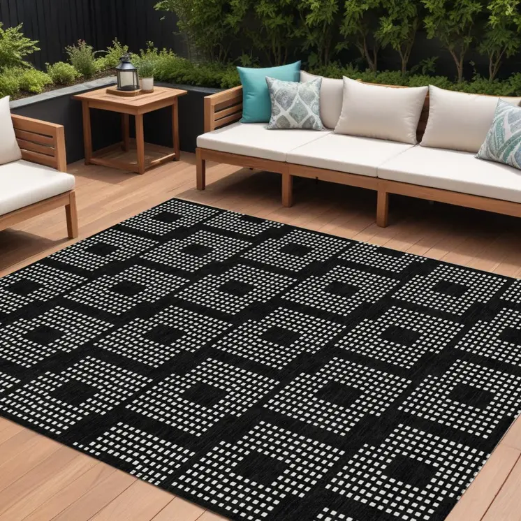 8' X 10' Black And Ivory Geometric Washable Indoor Outdoor Area Rug