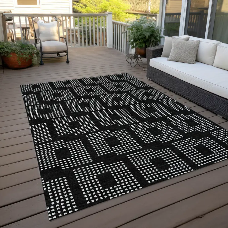 8' X 10' Black And Ivory Geometric Washable Indoor Outdoor Area Rug