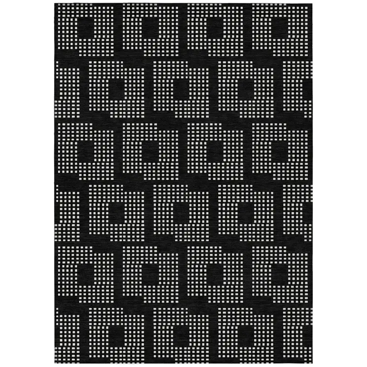 8' X 10' Black And Ivory Geometric Washable Indoor Outdoor Area Rug