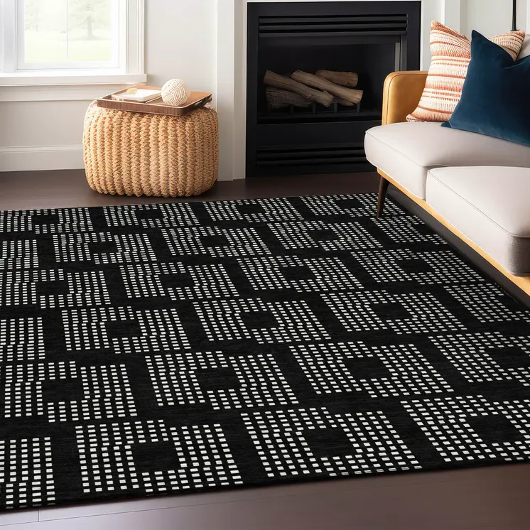 8' X 10' Black And Ivory Geometric Washable Indoor Outdoor Area Rug