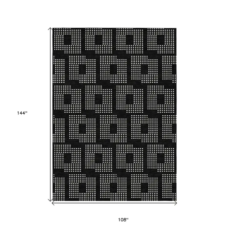 9' X 12' Black And Ivory Geometric Washable Indoor Outdoor Area Rug