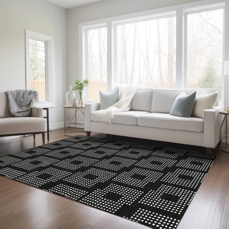 9' X 12' Black And Ivory Geometric Washable Indoor Outdoor Area Rug