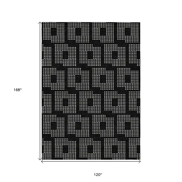 10' X 14' Black And Ivory Geometric Washable Indoor Outdoor Area Rug