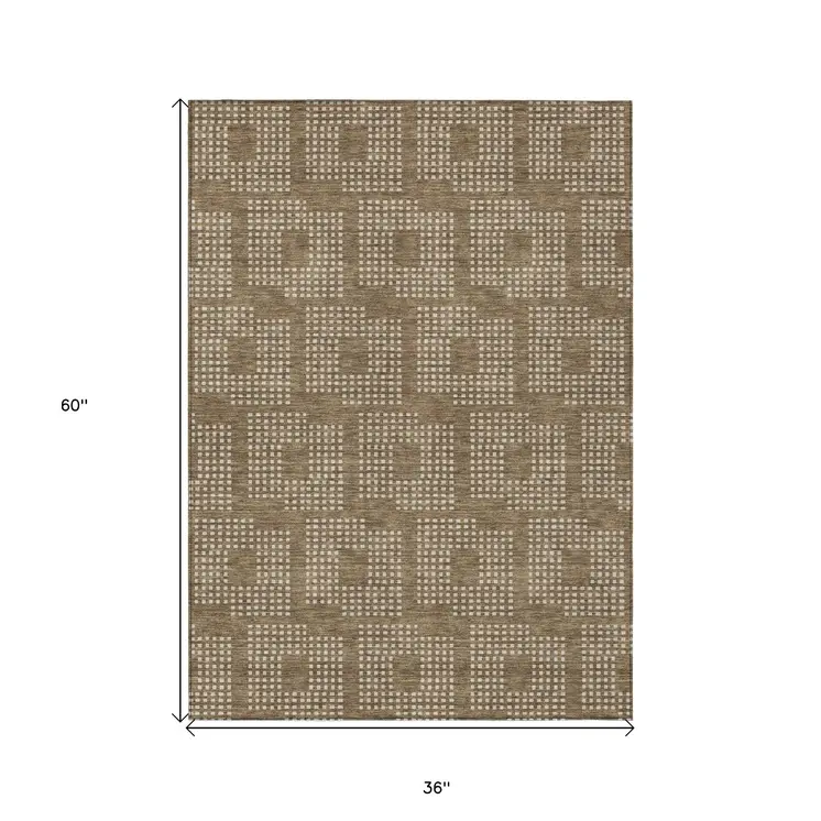 3' X 5' Brown And Ivory Geometric Washable Indoor Outdoor Area Rug