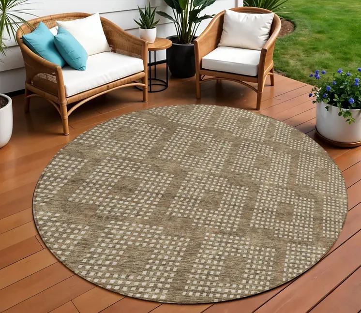 8' Brown And Ivory Round Geometric Washable Indoor Outdoor Area Rug