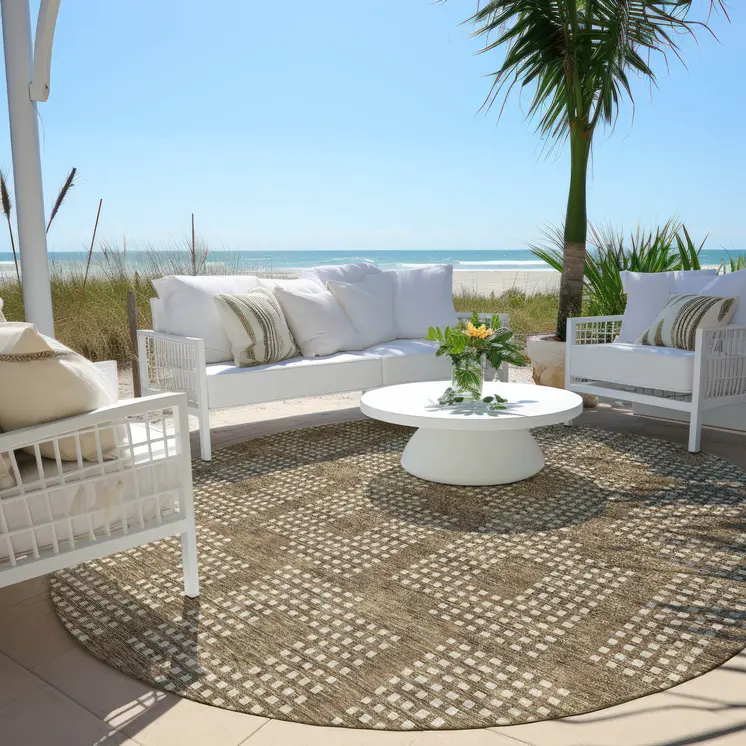 8' Brown And Ivory Round Geometric Washable Indoor Outdoor Area Rug