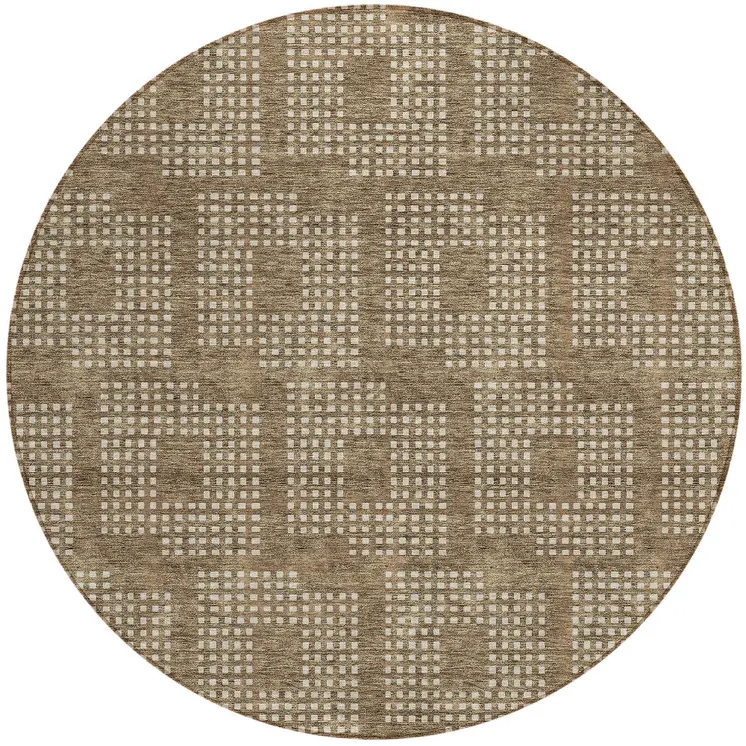 8' Brown And Ivory Round Geometric Washable Indoor Outdoor Area Rug
