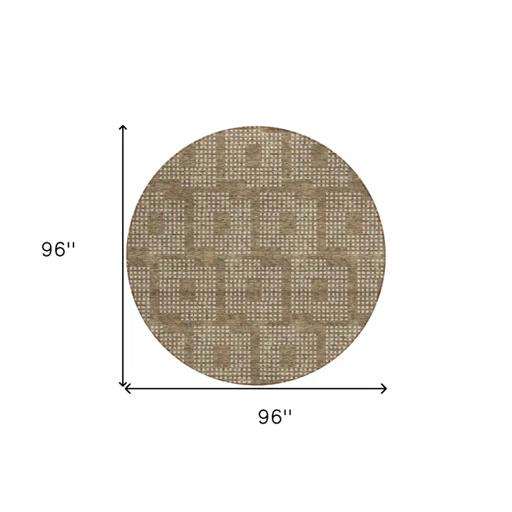8' Brown And Ivory Round Geometric Washable Indoor Outdoor Area Rug