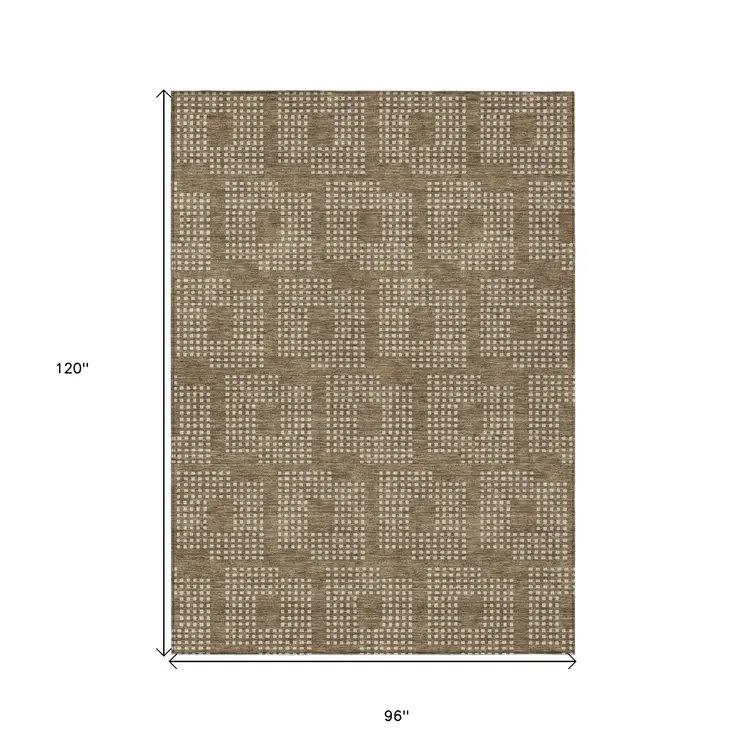 8' X 10' Brown And Ivory Geometric Washable Indoor Outdoor Area Rug