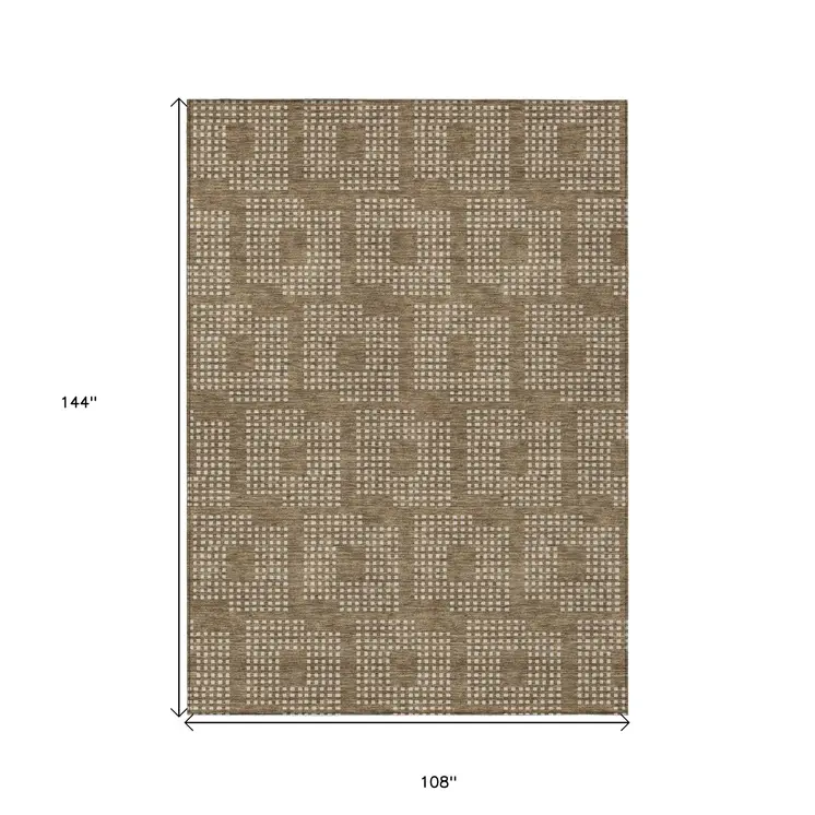 9' X 12' Brown And Ivory Geometric Washable Indoor Outdoor Area Rug