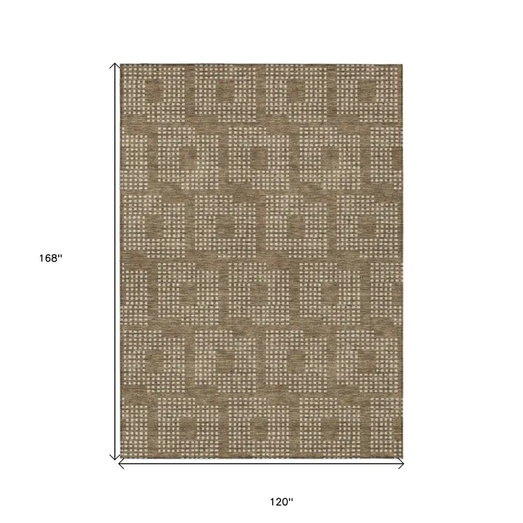 10' X 14' Brown And Ivory Geometric Washable Indoor Outdoor Area Rug