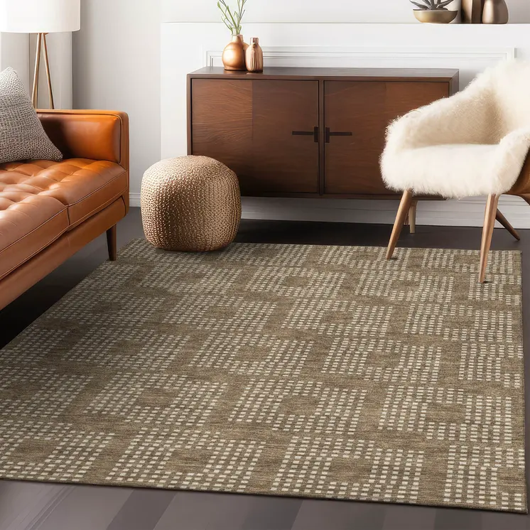 10' X 14' Brown And Ivory Geometric Washable Indoor Outdoor Area Rug