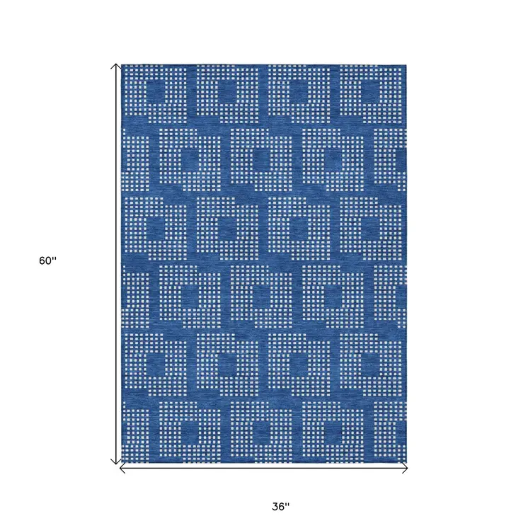 3' X 5' Blue And Ivory Geometric Washable Indoor Outdoor Area Rug