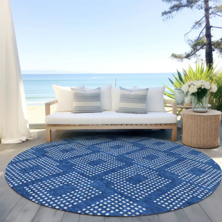 8' Blue And Ivory Round Geometric Washable Indoor Outdoor Area Rug