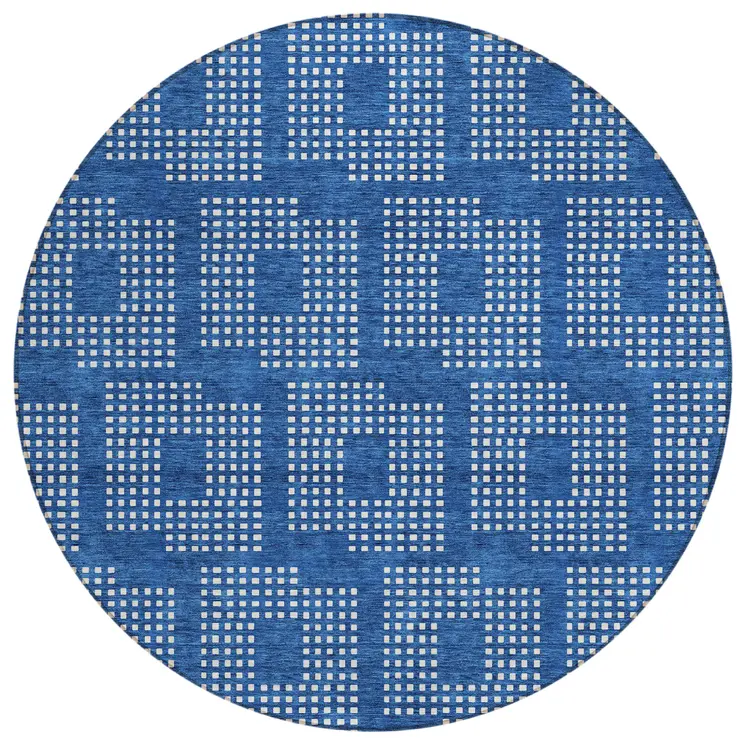 8' Blue And Ivory Round Geometric Washable Indoor Outdoor Area Rug