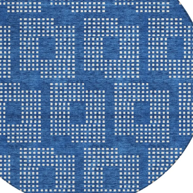 8' Blue And Ivory Round Geometric Washable Indoor Outdoor Area Rug