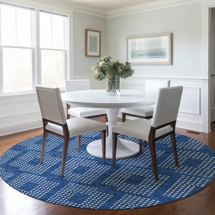 8' Blue And Ivory Round Geometric Washable Indoor Outdoor Area Rug
