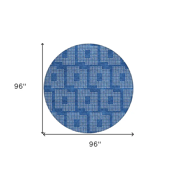 8' Blue And Ivory Round Geometric Washable Indoor Outdoor Area Rug