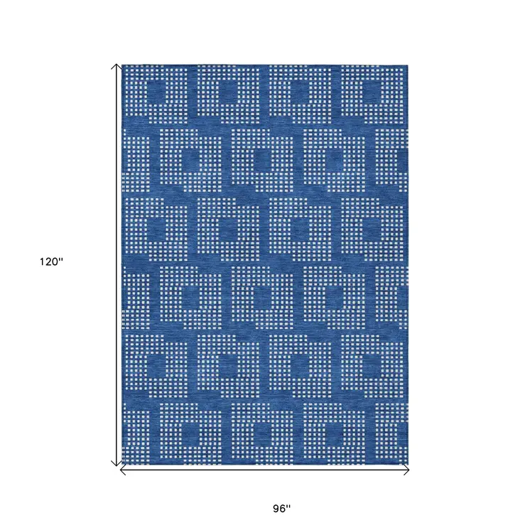 8' X 10' Blue And Ivory Geometric Washable Indoor Outdoor Area Rug