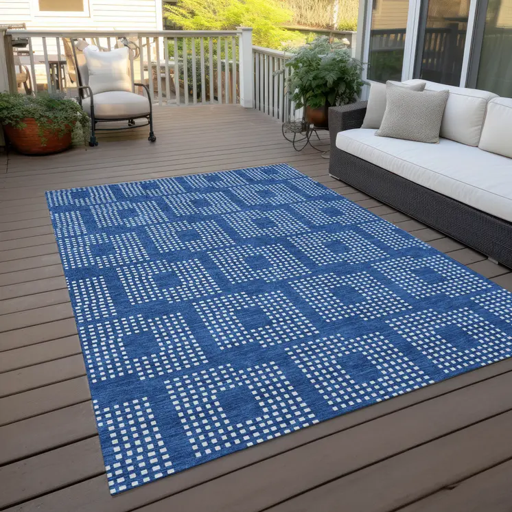 8' X 10' Blue And Ivory Geometric Washable Indoor Outdoor Area Rug
