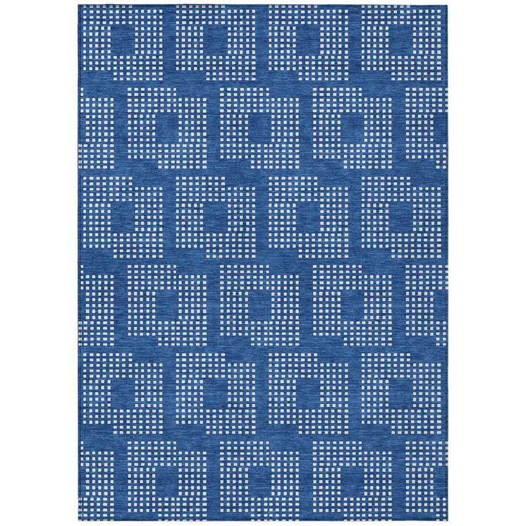 8' X 10' Blue And Ivory Geometric Washable Indoor Outdoor Area Rug