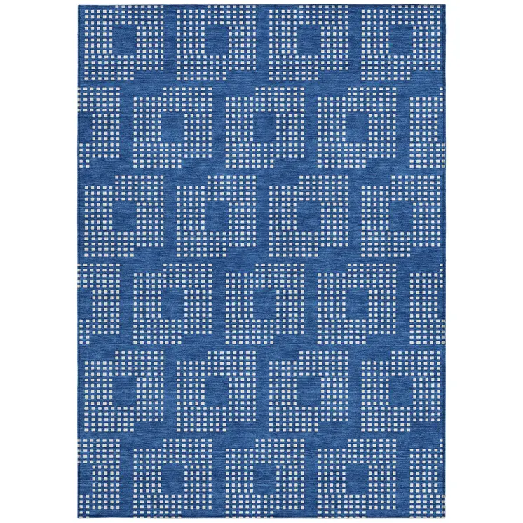 8' X 10' Blue And Ivory Geometric Washable Indoor Outdoor Area Rug