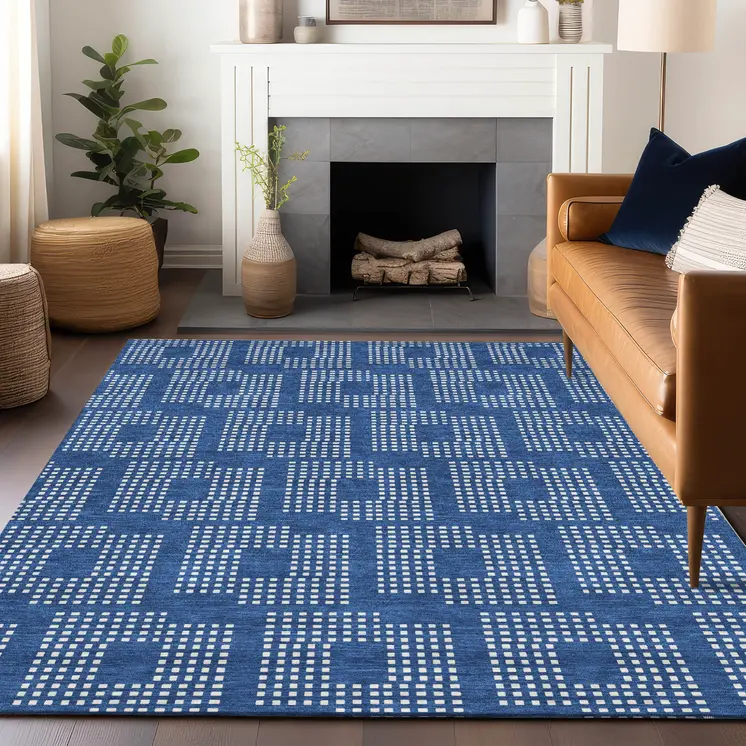 8' X 10' Blue And Ivory Geometric Washable Indoor Outdoor Area Rug
