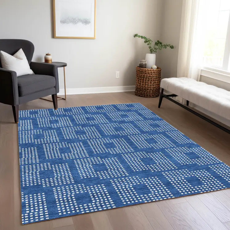 8' X 10' Blue And Ivory Geometric Washable Indoor Outdoor Area Rug