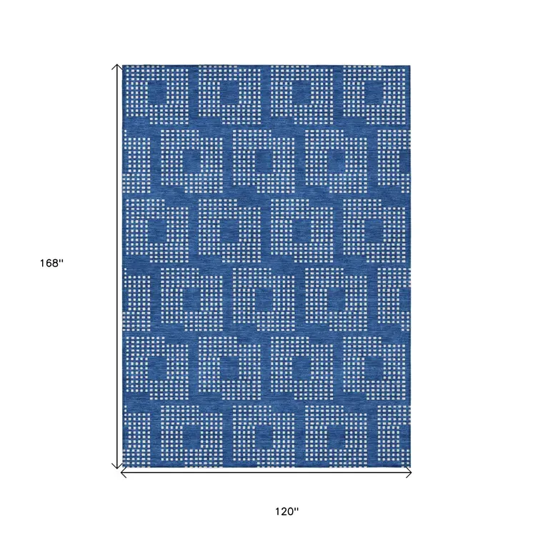 10' X 14' Blue And Ivory Geometric Washable Indoor Outdoor Area Rug