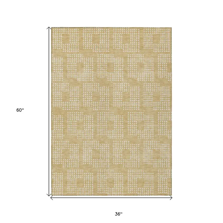 3' X 5' Gold And Ivory Geometric Washable Indoor Outdoor Area Rug