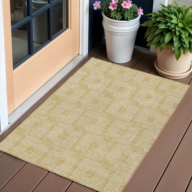 3' X 5' Gold And Ivory Geometric Washable Indoor Outdoor Area Rug