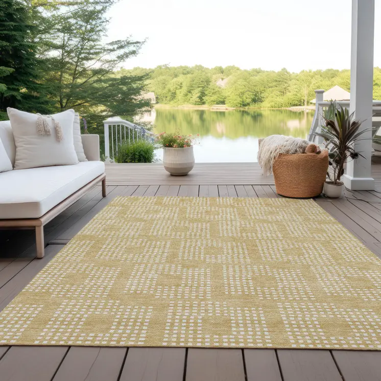 3' X 5' Gold And Ivory Geometric Washable Indoor Outdoor Area Rug