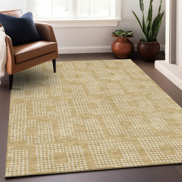 3' X 5' Gold And Ivory Geometric Washable Indoor Outdoor Area Rug
