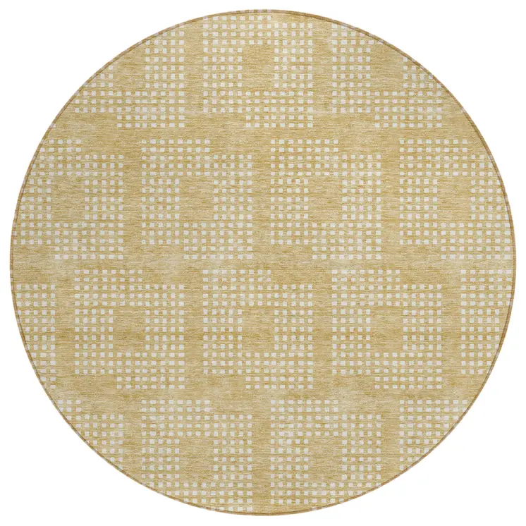 8' Gold And Ivory Round Geometric Washable Indoor Outdoor Area Rug