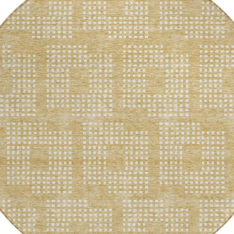 8' Gold And Ivory Round Geometric Washable Indoor Outdoor Area Rug