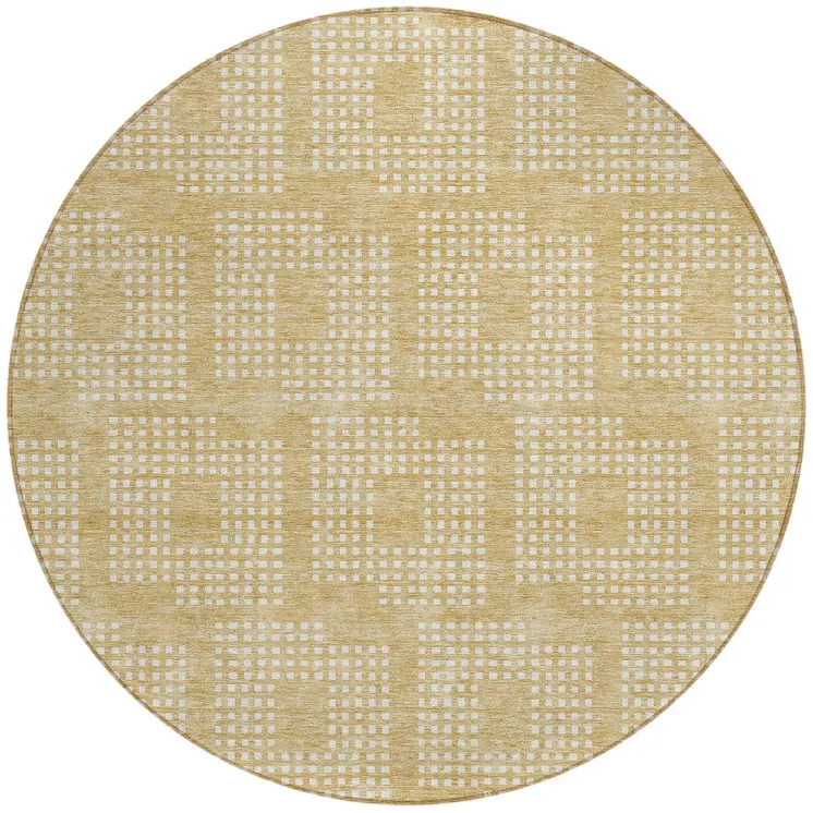 8' Gold And Ivory Round Geometric Washable Indoor Outdoor Area Rug