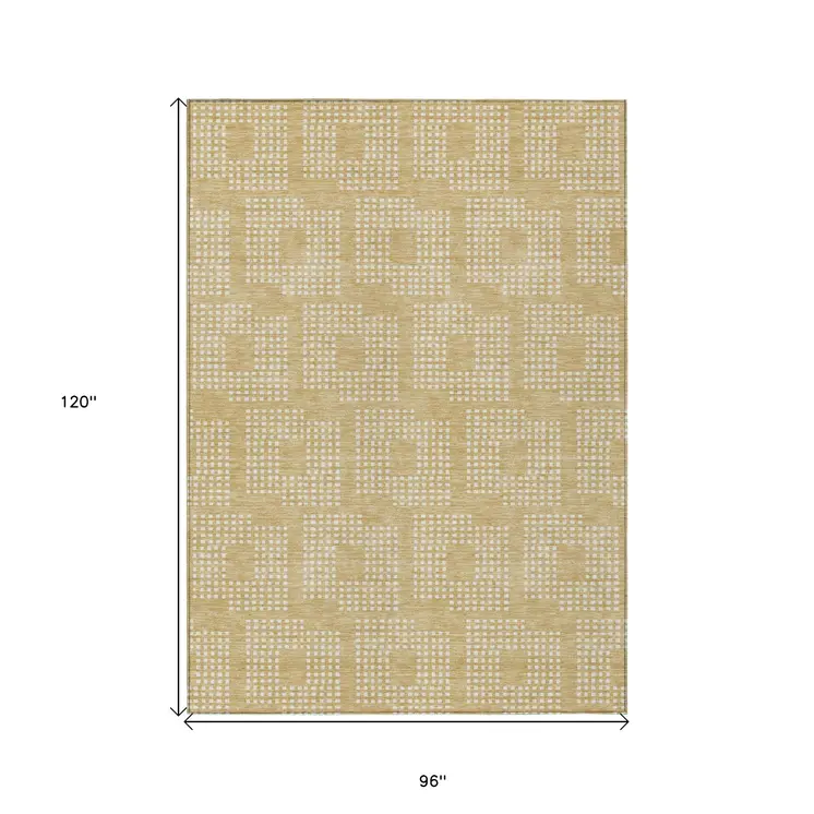 8' X 10' Gold And Ivory Geometric Washable Indoor Outdoor Area Rug