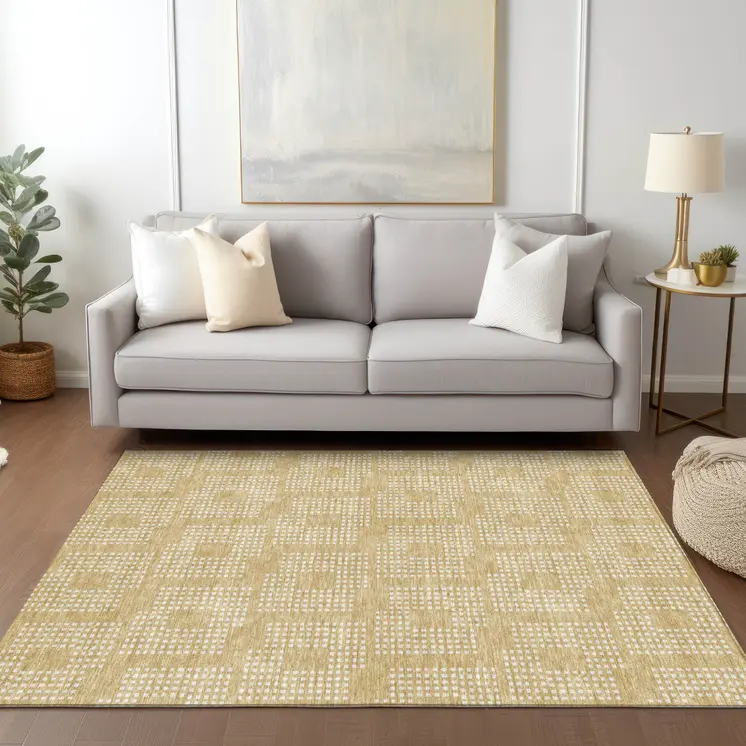 8' X 10' Gold And Ivory Geometric Washable Indoor Outdoor Area Rug