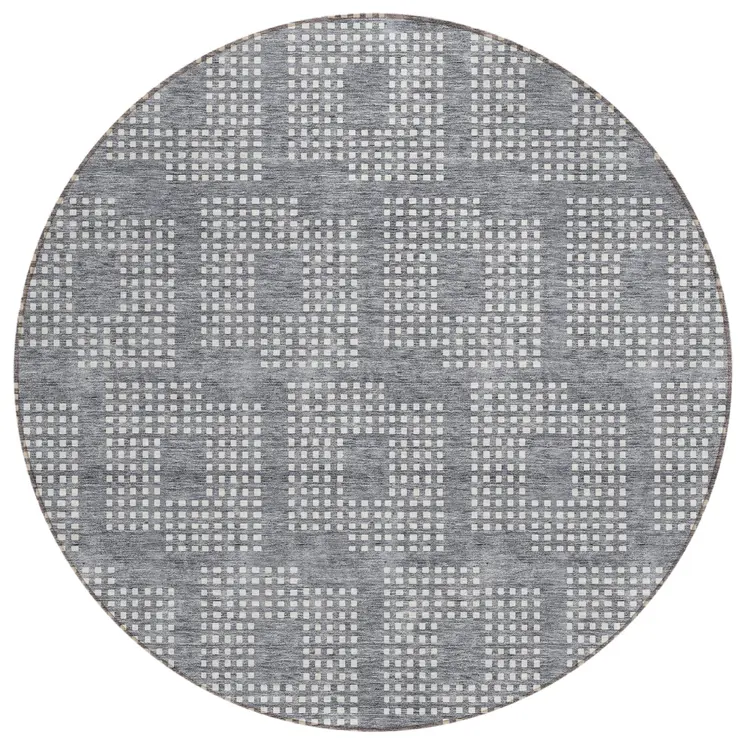 8' Gray And Ivory Round Geometric Washable Indoor Outdoor Area Rug