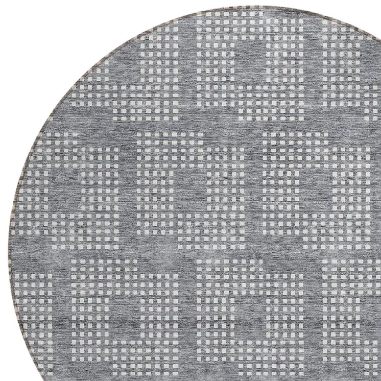 8' Gray And Ivory Round Geometric Washable Indoor Outdoor Area Rug