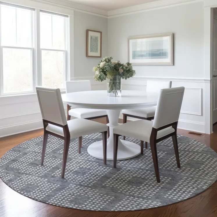8' Gray And Ivory Round Geometric Washable Indoor Outdoor Area Rug