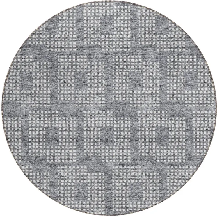 8' Gray And Ivory Round Geometric Washable Indoor Outdoor Area Rug