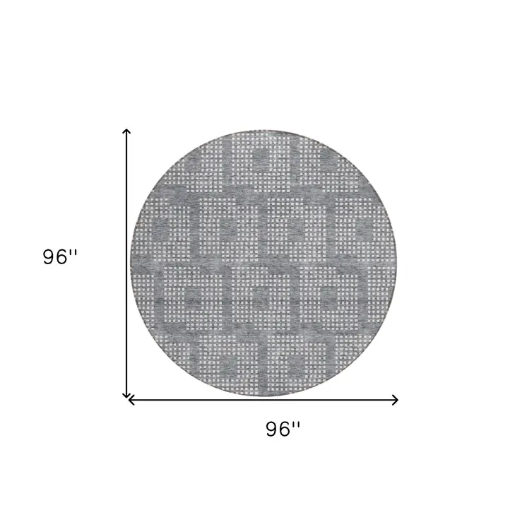 8' Gray And Ivory Round Geometric Washable Indoor Outdoor Area Rug