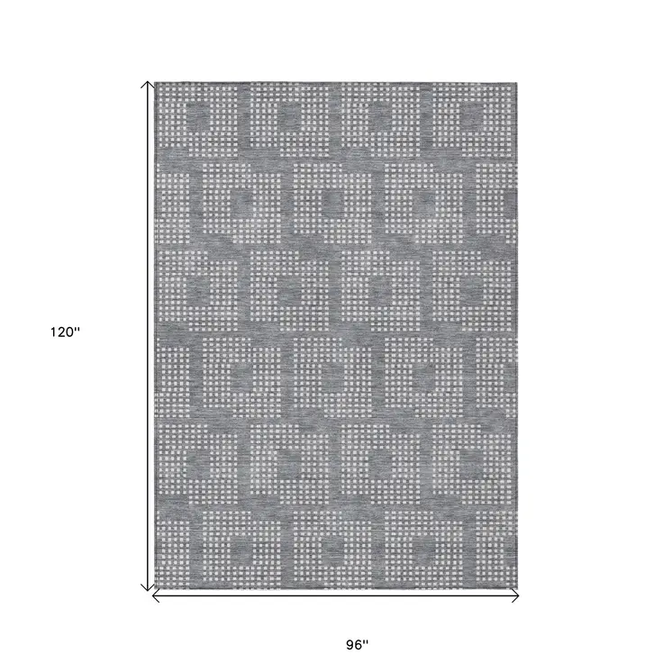 8' X 10' Gray And Ivory Geometric Washable Indoor Outdoor Area Rug
