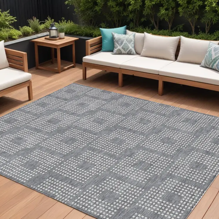 8' X 10' Gray And Ivory Geometric Washable Indoor Outdoor Area Rug