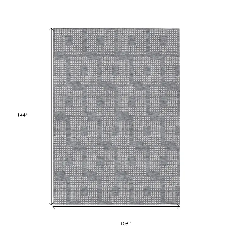 9' X 12' Gray And Ivory Geometric Washable Indoor Outdoor Area Rug