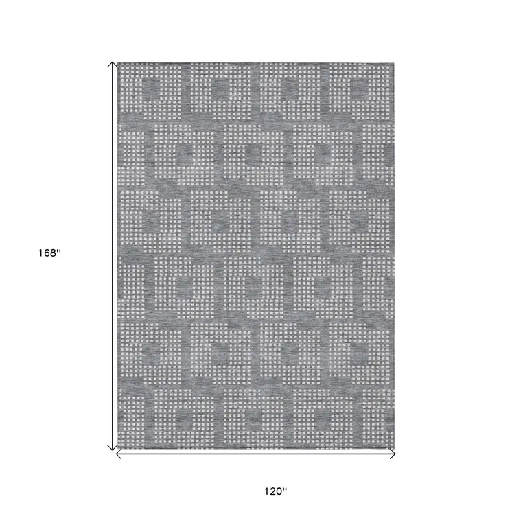 10' X 14' Gray And Ivory Geometric Washable Indoor Outdoor Area Rug